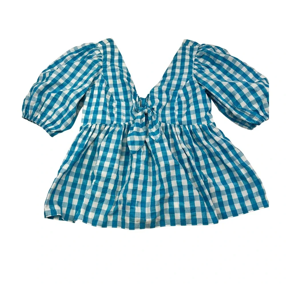 Lilly Pulitzer‎ Gingham Tie-Front Top Puff Sleeve Blue White Blouse